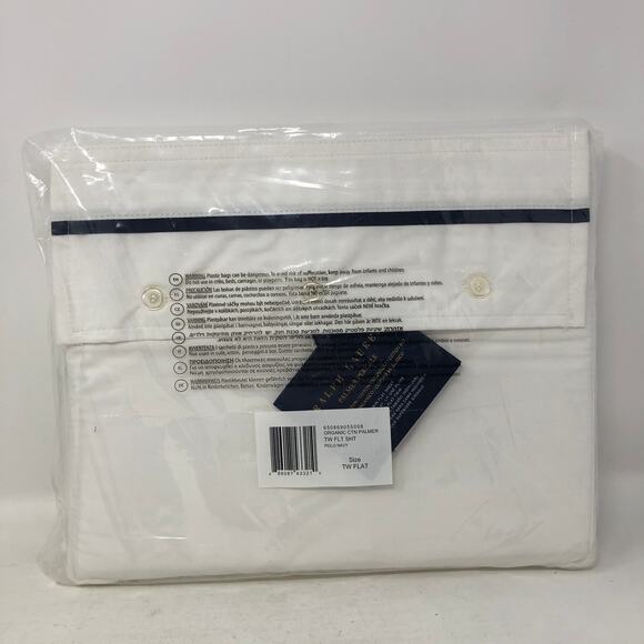 Ralph Lauren Organic Cotton Percale Palmer Twin Flat Sheet White Polo Navy New - Picture 1 of 10